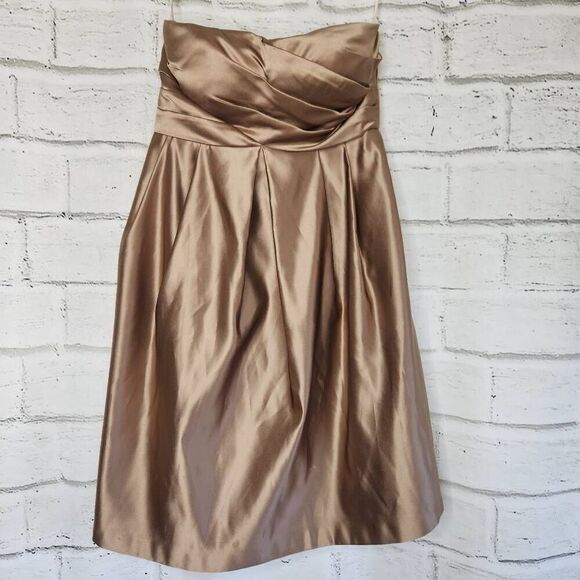 Bill Levkoff Womens Brown Gold Strapless Pleated Satin A-Line Mini Dress Size 6 - Picture 2 of 14